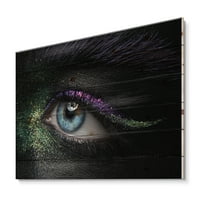 DesignArt „Womanените очи со зелен и пурпурен пигмент и искри“ модерно печатење на природно бор дрво