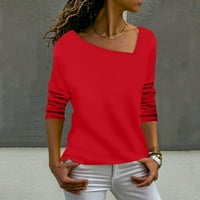 Fragarn Женска Маица Блуза Клиренс Мода Обични Неправилни V-Вратот Еднобојни Долги ракави Врвот Хенли Кошули За Жени Црвена