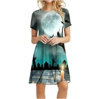 Modeенски моден тркалезен врат маица шема за печатење во линија мини фустан дома случајн тенок краток ракав краток фустан