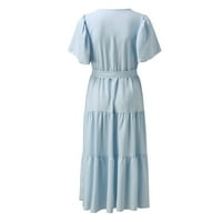 Omенски фустан со џебови Обични фустани за бременост летен фустан за жени обични фустани со кратки ракави, облечени во вратот,
