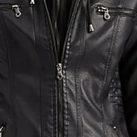 Жените Плус Големина Мода Фау Кожа Јакна Долги Ракави Патент Опремени Мото Моторџиски Палто Црно - М