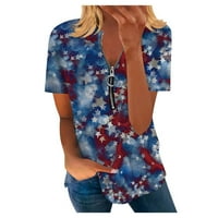Денот на независноста женска обична секси модна мода летна маица со врата печати кратки ракави врвови на блуза морнарица l