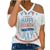 OAVQHLG3B Блузи За Жени Повик Лето V Вратот Слободно Време Краток Ракав Надвор Од Рамото Американски Знаме Печатење Врвови