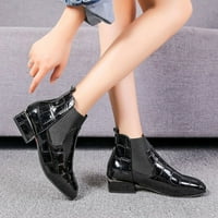 Женски чизми кожени ракави, женски квадратни пети, цврсти ниски исечени квадратни потпетици, патент кожен ракав кратки чизми црна