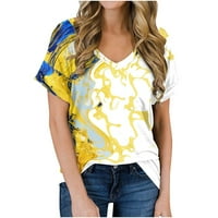 Женски Лето Повик Печатени V-Вратот Краток Ракав Лабава Врвови Блузи Со Џеб Жолта М