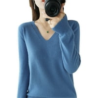 Pullover џемпери врвови за жени со долг ракав корејски стил плетени врвови V-вратот во волнени кошули Универзална за домашна