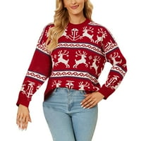 Жени Мода Круг Вратот Долг Ракав Божиќ Печатење Пуловер Џемпер Плетење Палто