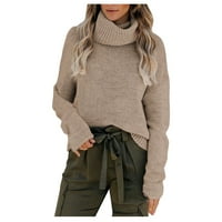 Џемпери за жени ролна врат ракав плетена цврста боја на цврста боја, есен зимски обичен лабав џемпер