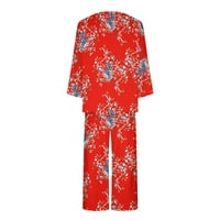 Hfyihgf женски дво-парчиња пижами сетови паднати цветни печати со долги ракави врвови на екипажот и капри панталони мека облека