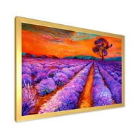 Дизајнрт „Портокалово зајдисонце над виолетовите полиња со лаванда I 'Фарма куќа врамена уметност печатење