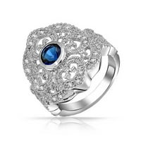 Гроздобер стил сина CZ филигран широка модна изјава срцев оклоп со целосен прстен за прсти за жени со сребрена месинг месинг