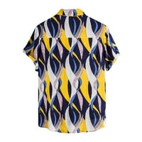 Голема машка облека за облека за облека, приклучок за печатени копчиња со кратки ракави, мода кардиган, обична кошула врвови жолта xxxl