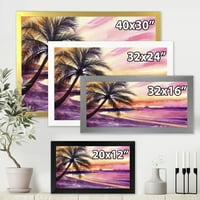 DesignArt 'Виолетова и розова палма плажа зајдисонце' Наутички и крајбрежен врамен уметнички принт
