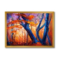 DesignArt 'Апстрактни сини силуети на дрвја во портокалова есенска шума' фарма куќа врамена уметност печатење