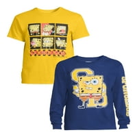 Spongebob SquarePants Машки и големи машки графички маички со долги и кратки ракави, 2-пакувања, големини S-3XL