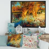 DesignArt 'Портокалова есенска шума се одразува на речното езерска куќа врамена платно wallидна уметност принт