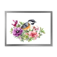 DesignArt „Симпатична птица во виолетова и розова цвеќиња“ Традиционално врамен уметнички принт