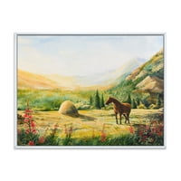 DesignArt 'Sunrise in the Mountains With Horse' Farmhouse Rramed Canvas Wall Art Print