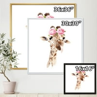 DesignArt 'Портрет на жирафа со розови цвеќиња, врамени платно од платно, печатење на wallидови