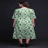 Бимба Памук Зелени Замиокулки Лисја Печатени Кратки Ракави Класичен Миди Фустан Со Џебови Асиметрична Смена-ХХХ-Голем