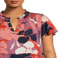 Terra & Sky Women's Plus Size Floral Tiered фустан со кратки ракави за треперење